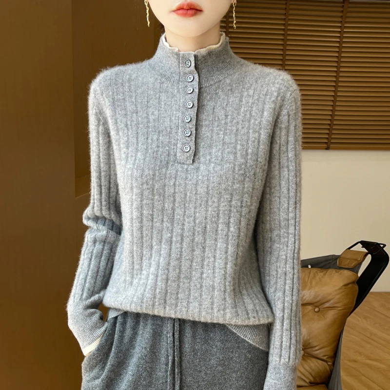 

2025 Высокое качество, женский осенне-зимний повседневный пуловер с воротником-стойкой, кашемировый свитер, трикотаж из 100% мериносовой шерсти, одежда, топы