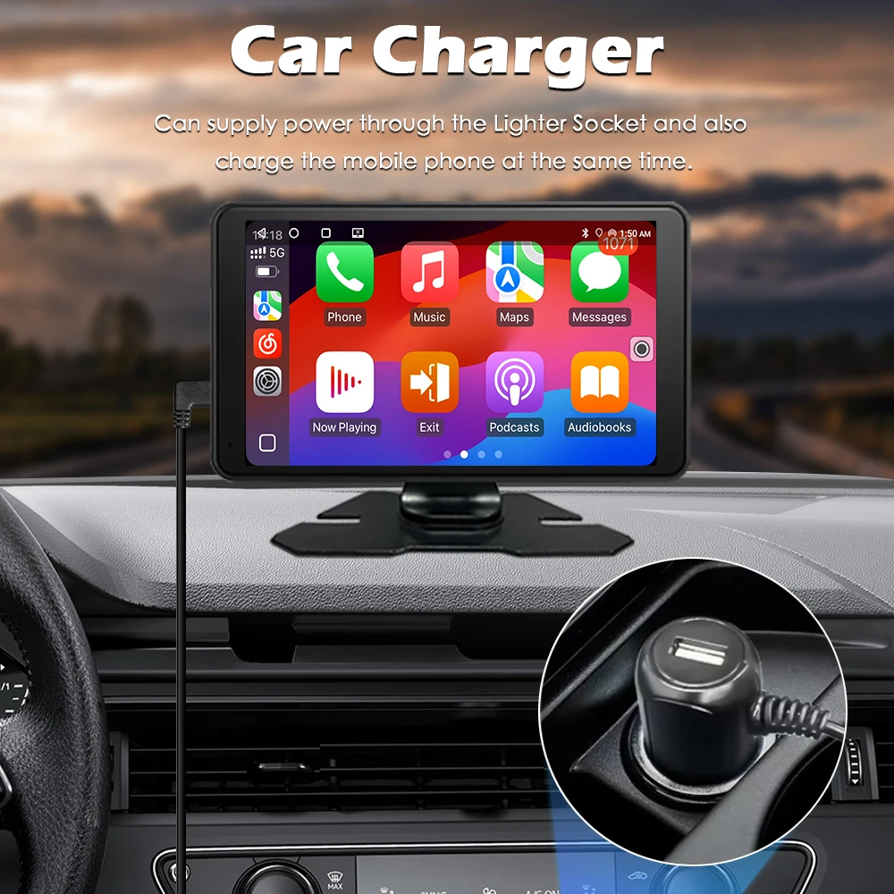 

7-дюймовый беспроводной автомобильный мультимедийный видеоплеер с CarPlay и Android Auto, портативный универсальный сенсорный экран