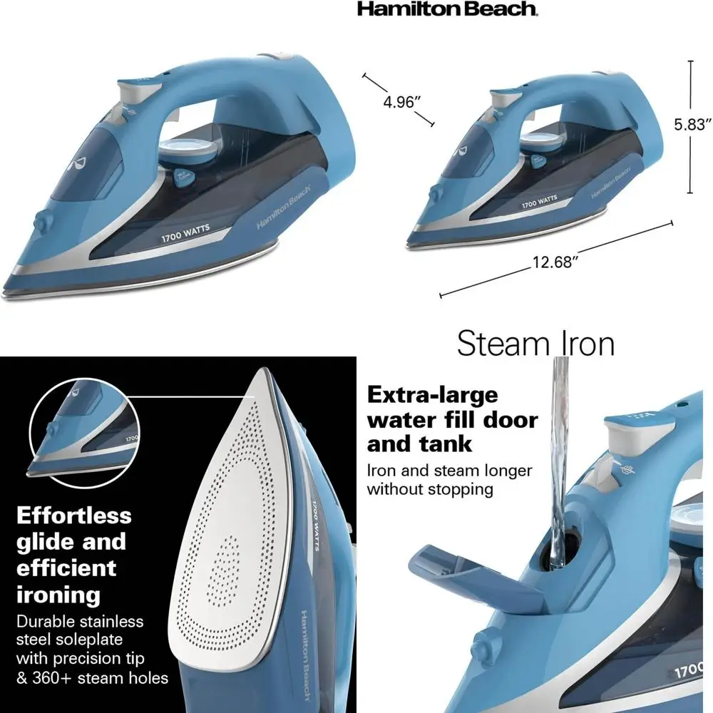 

Утюг из нержавеющей стали с быстрым нагревом 1700 Вт, шнуром длиной 8 футов, функцией автоматического отключения, емкостью резервуара 350 мл - синий