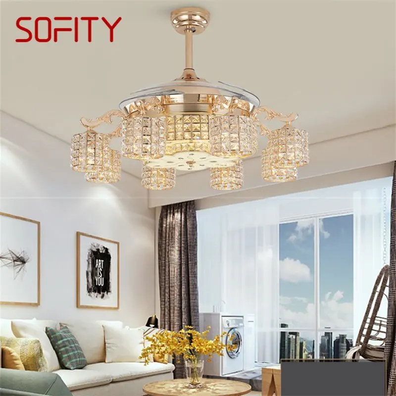 SOFITY New Ceiling Fan Light Invisible Crystal With Remote Control Modern Luxury Gold Lamp For Home