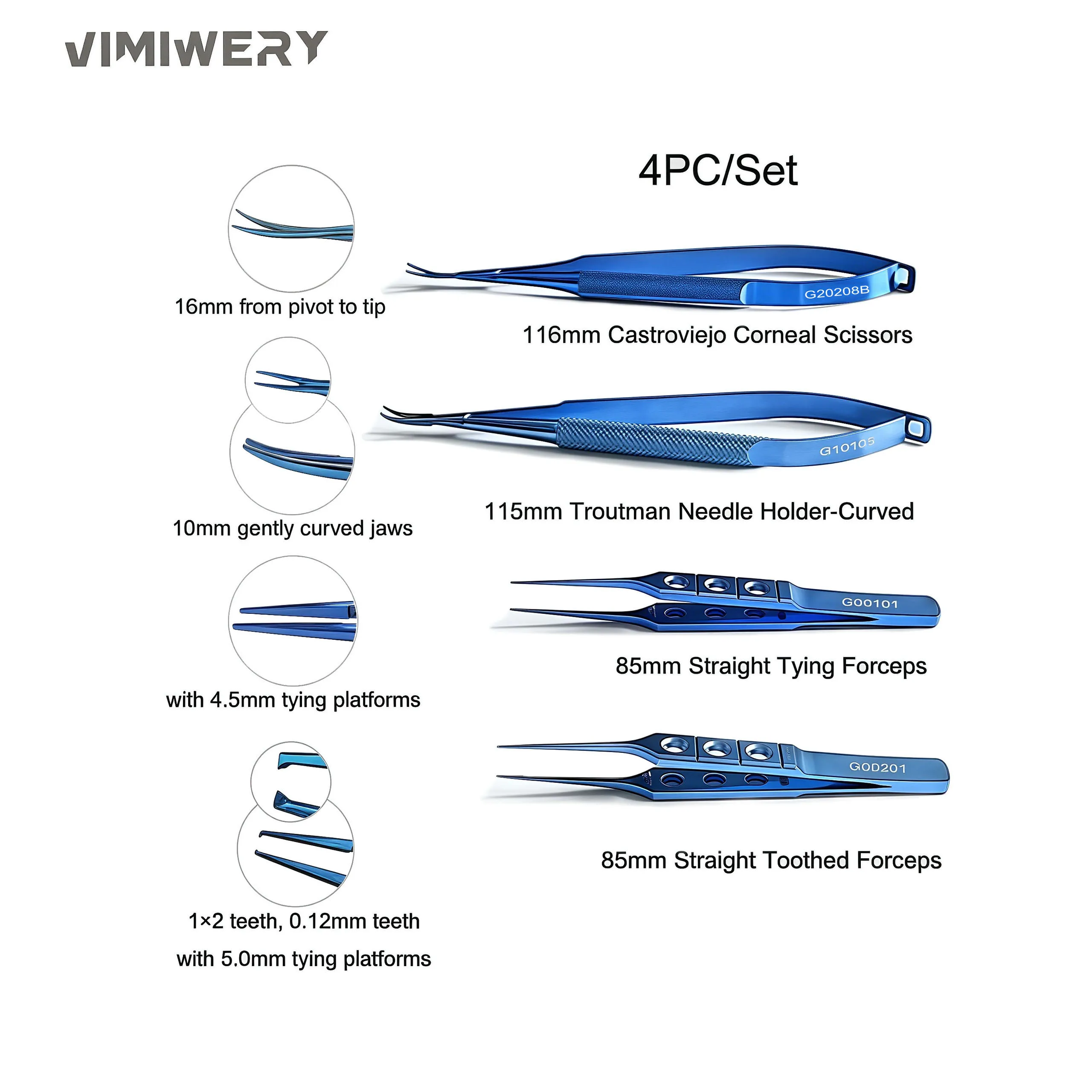 Castroviejo Corneal Scissors / Tweezers  Troutman Needle Holders  Straight Toothed Forceps 4PCS/SET