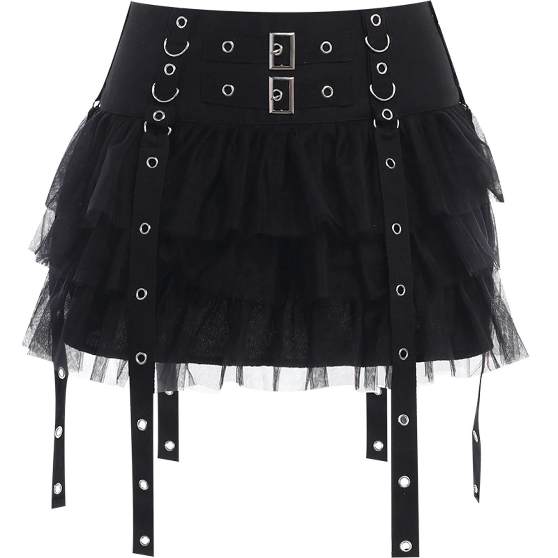 Jirai Kei Y2K Gothic Mini Skirt Women Black High Waist Multi Layer Tulle with Buckle Strap Harajuku Party Club Skirt