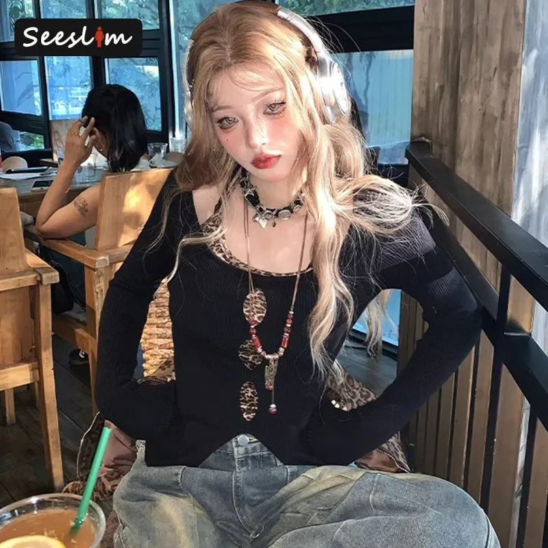 Seeslim Patchwork Two Pieces Tops Hotsweet Halter Tops Long Sleeve T Shirt Women Hollow Out Sexy 2000s Clothes Y2k Autumn Tees