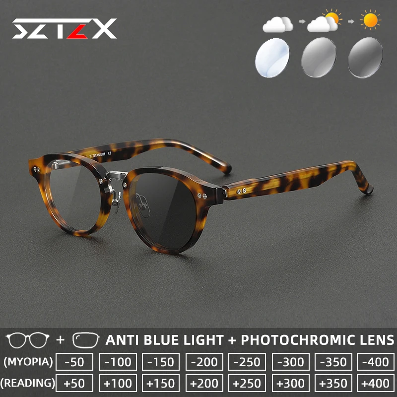 

SZTZX Durable Vintage Photochromic Reading Glasses Anti Blue Light Acetate Frame Titanium Oval Progressive Prescription Eyewear