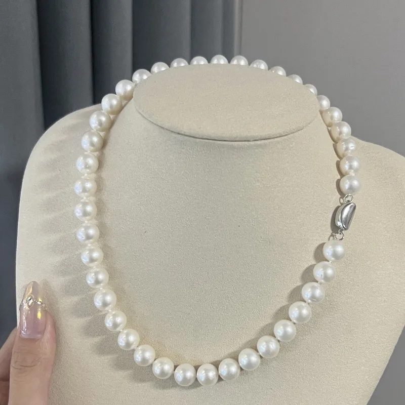 

Grace Natural 17"9-10mm Genuine White Pearls Necklace Free Shipping for Women Wedding Gifts Jewelry 925 Sterling Silver