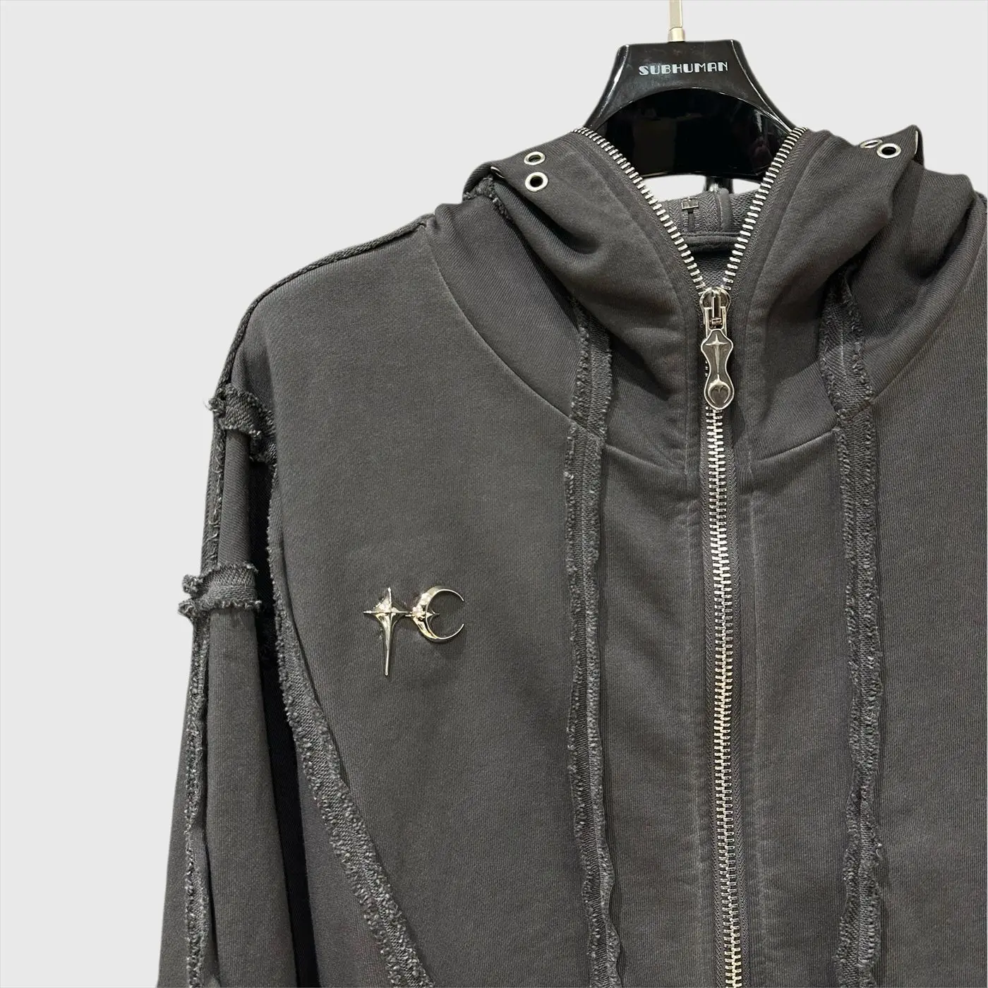 Spring and Autumn Women's New Vintage Zipper Mask Destruction Hooed Sweatshirt Splicing Water Washed Wax Printing Hoodie Coat