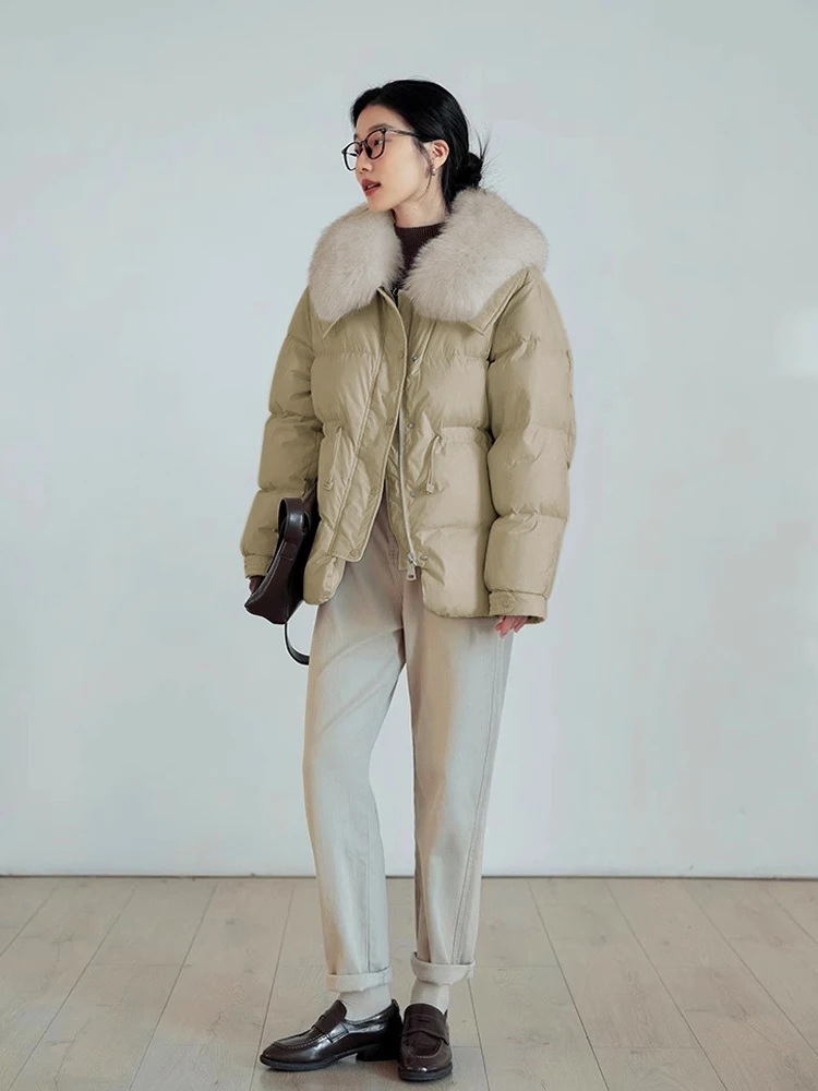 Chaqueta de plumón con cuello de piel auténtica de lujo para mujer, moda de invierno 2026, abrigo acolchado corto con cintura ajustable, prendas de vestir holgadas INKEO DJ631
