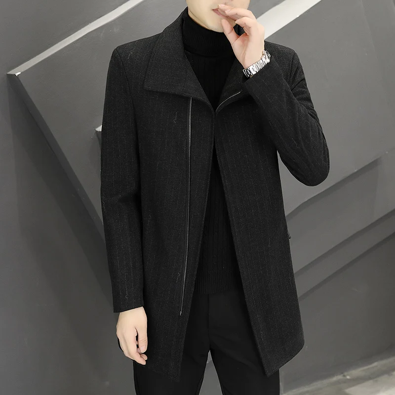 Autumn Winter Mid Length Woolen Jacket Men's Fashion Lapel Woolen Trench Coat Casual Business Windbreaker Overcoat Men Clothing