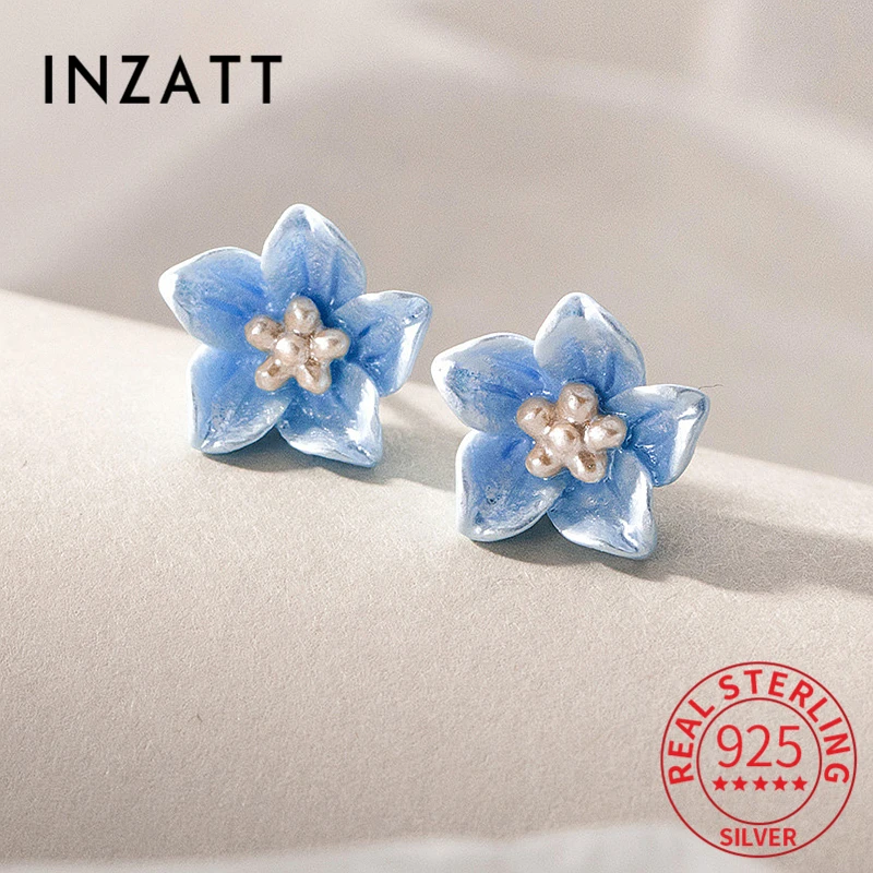 INZATT Real 925 Sterling Silver Blue Plant Stud Earrings for Fashion Women Cute Fine Jewelry Minimalist Accessories