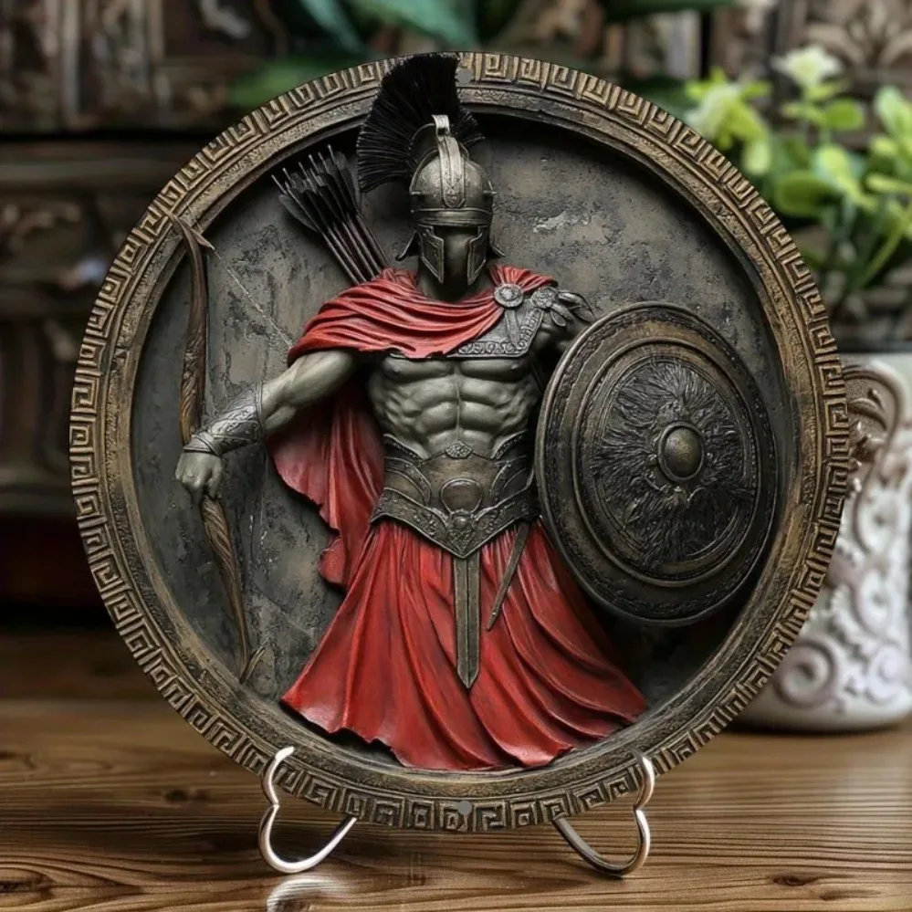 Vintage 3D Effect Spartan Warrior Round Tin Sign, Retro Carved Roman Greek Gladiator with Shield Bow and Arrow Metal Wall Art, R