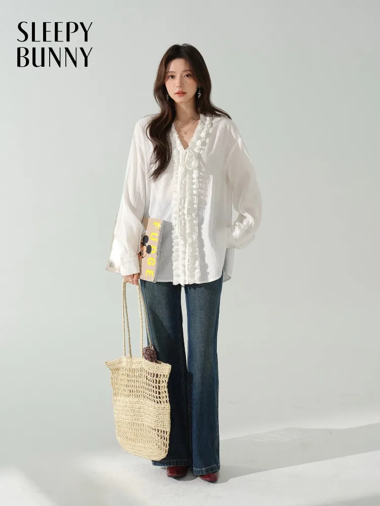 

Elegant Cotton Blouse Women Ruffle V Neck Shirt Loose Long Sleeve Top French Style Slimming Casual Outfit Autumn Fashion Cloth