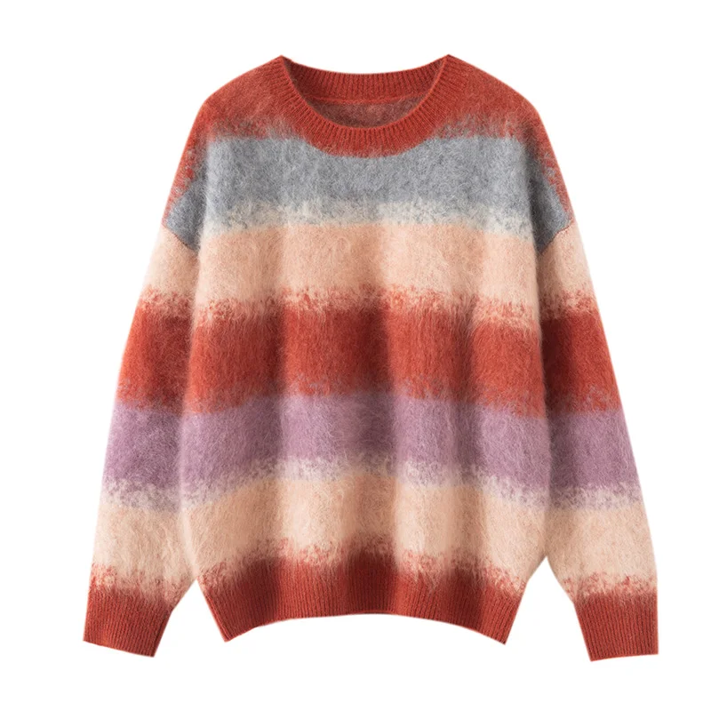 

Роскошный женский свитер из 100% кашемира 2025 года, пуловер в градиентную полоску с круглым вырезом и длинными рукавами, мягкий теплый базовый вязаный топ высокого класса