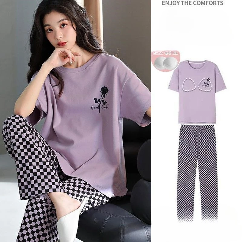 With Chest Pad Pajamas Women's New Summer Can Be Worn Outside The Anti-convex Point Home Clothes Simple Short-sleeved Trousers
