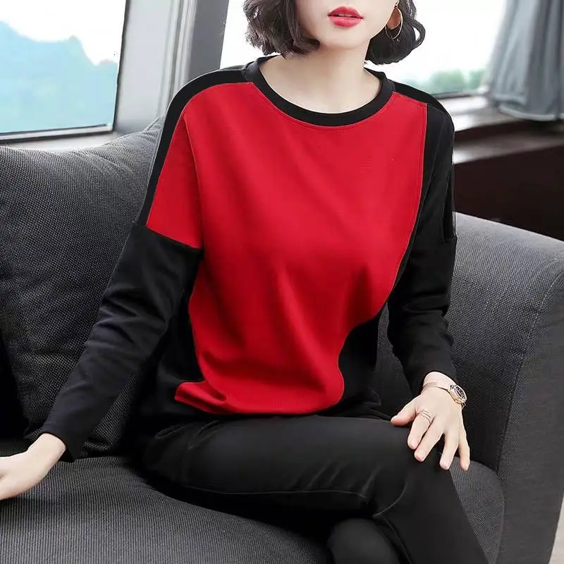 Casual Contrast Patchwork Top T Shirt Spring Autumn O-Neck Long Sleeve All-match Loose Pullovers Vintage Fashion Women Clothing