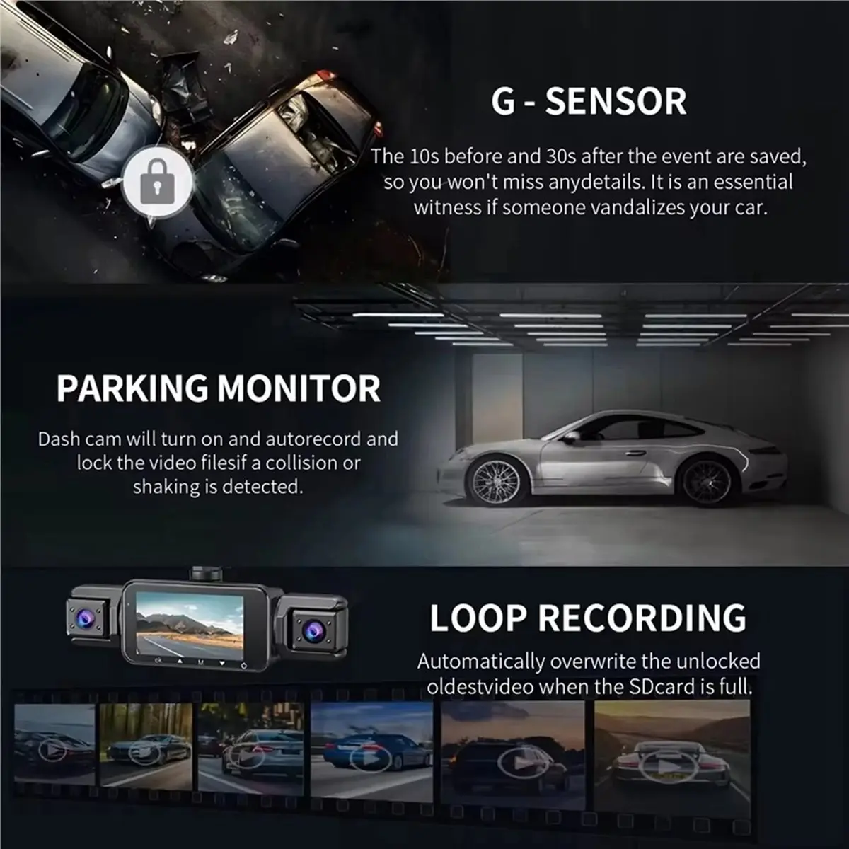 SCLS 4 Channel WiFi Dash Cam Front and Rear 1080P APP Control Reversing Display Collision Detection 24H Parking Monitor