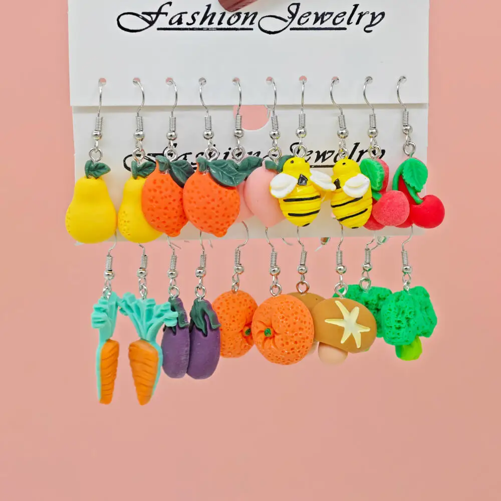 5/10/20Pairs Cartoon Bee Fruit Vegetable Resin Earring Set, Cute Pastoral Style Fruit Shape Dangle Earrings, for Party Wear