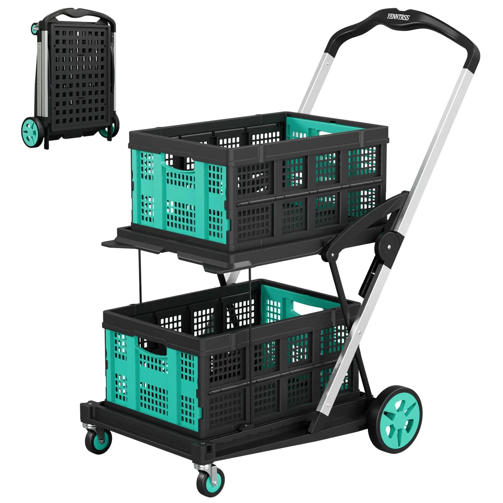 8-in-1 Collapsible Shopping Cart, 350 lbs Capacity Grocery Cart on Wheels, Foldable Shopping Cart with 2 Storage Crates