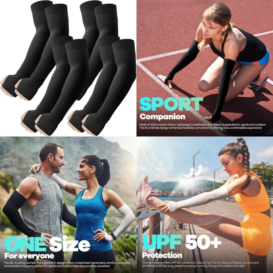 Arm Sleeves with Thumb Hole, Cooling UV Sun Protection Compression Tattoo Cover Up for Men/Women，4 Pairs - 4 Black