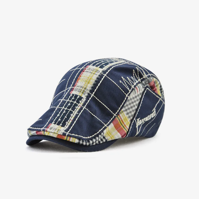 European And American Leisure Cap Irregular Embroidery Beret Checked Cloth Stitching Casual Hat