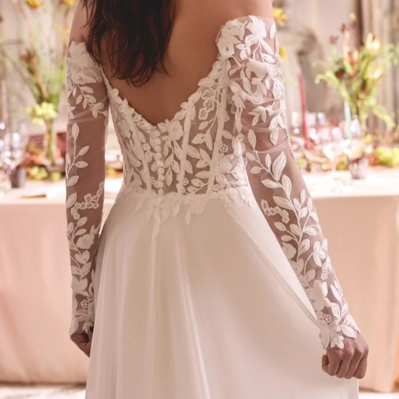 Satin White Wedding Dresses flower decal off-shoulder A skirt Gowns slit wedding dress Bridal Gown