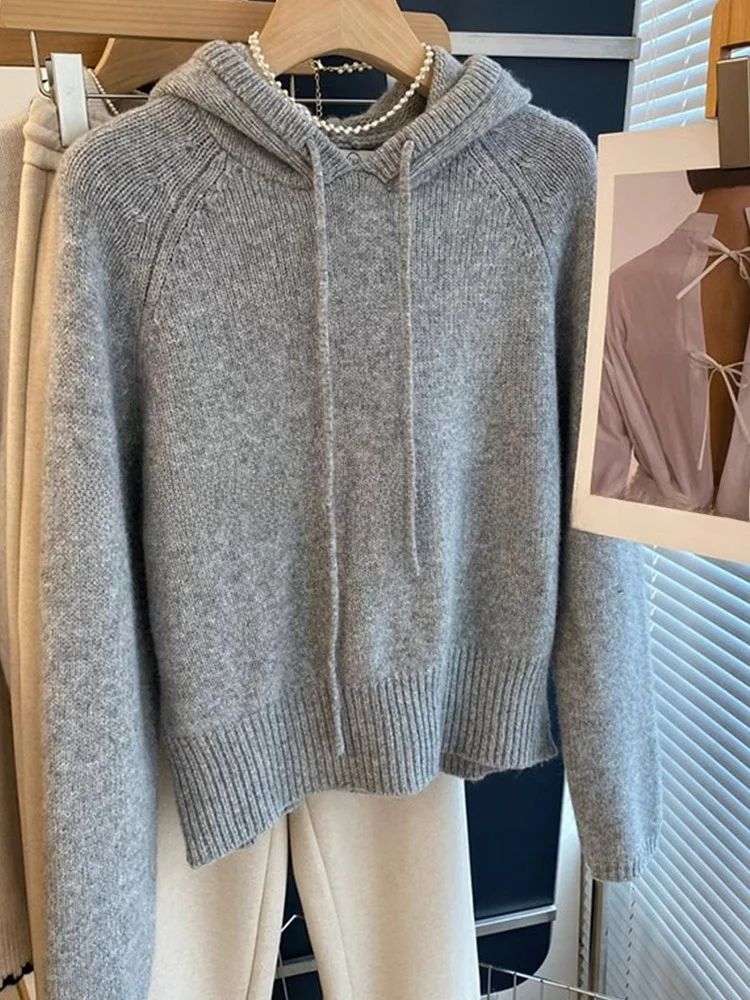 Cómoda suéter con capucha de Color puro Dstring largo Sve Overhead Simple coreano Sle adelgazante Top de punto para mujer