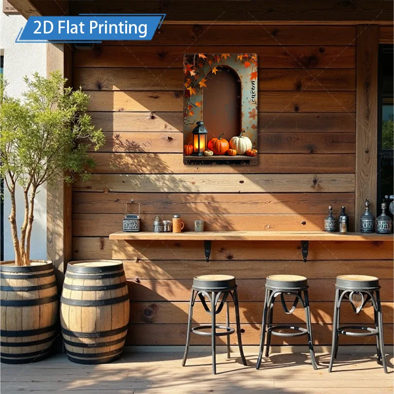 1pc 8x12inch Metal Sign Autumn Harvest Scene with Pumpkins and Lantern 2D Flat Printing Metal Art Decor