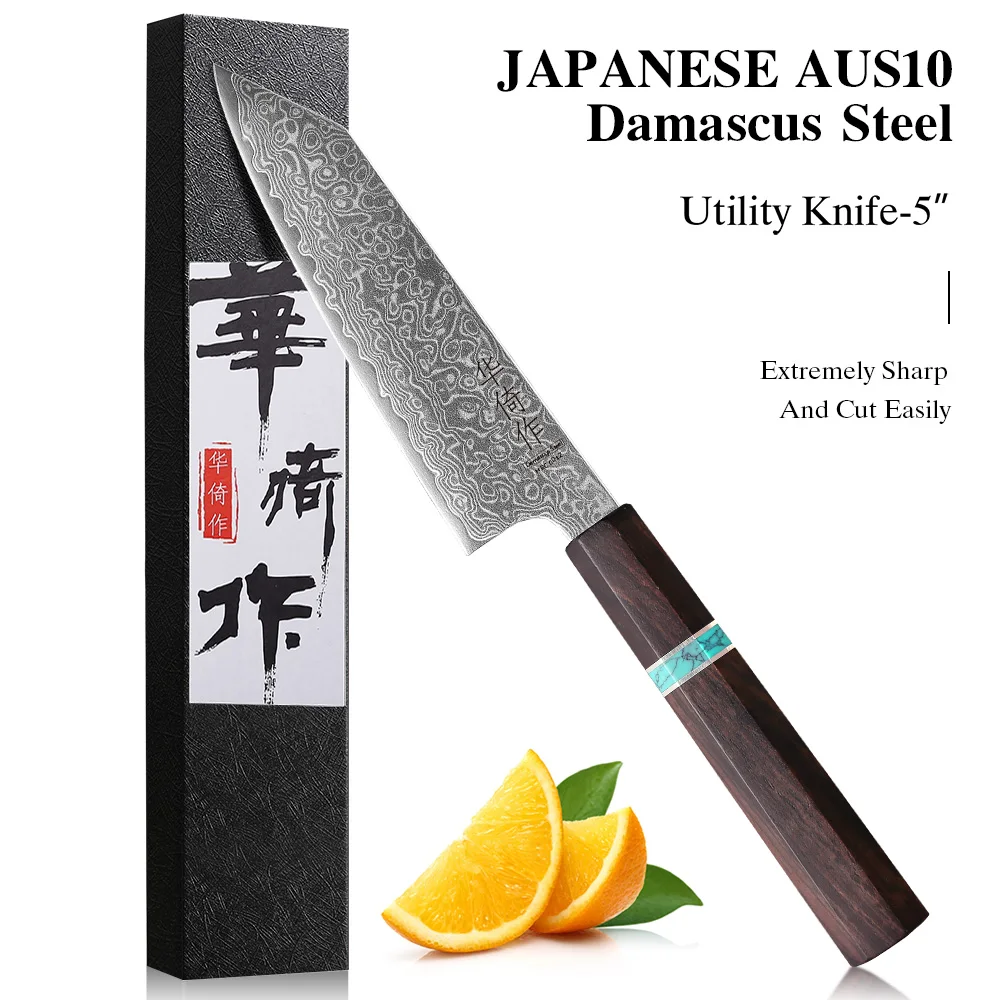 5-inch Japanese Handmade Utility Knife Damascus Steel Professional Bunka Chef Knives Sharp Fruit Paring Kitchen Cooking Tools