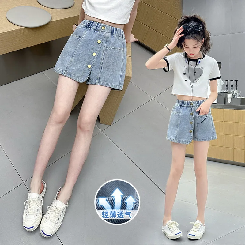 Stylish Kids Child Fashion Summer Denim Culottes Mini Skirt Shorts for Teens Girls Casual Jeans Shorts under the Skirt Age 4-14Y