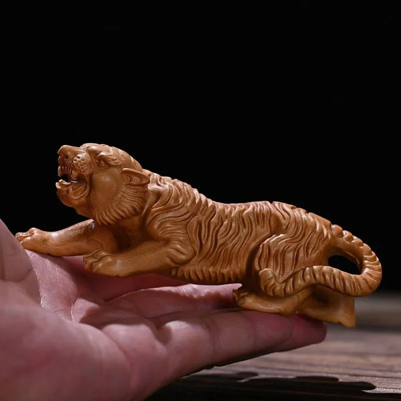 Cypress wood carving Tiger Statue, Cute  Animal Figurine for Car Dashboard Office Desk, Chinese Feng Shui Lucky Charm Gift