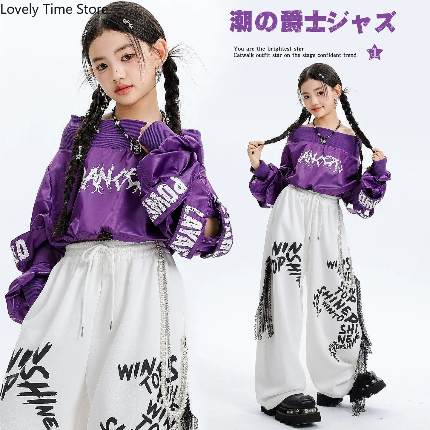 Girls K-pop Off Shoulder Crop Top Cargo Pants Kids Hip Hop Street Dance Clothes Sets Children Girl Group Streetwear Costumes