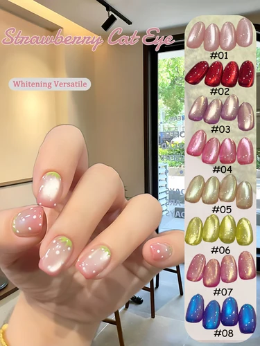 Imagen 2 del producto 1-12 unidades PSK Nuevo Esmalte de Uñas en Gel Efecto Ojo de Gato Fresa Blanqueador 2026 Súper Brillante con Cuentas de Cristal Rojas para Arte de Uñas y Uñas Rosas