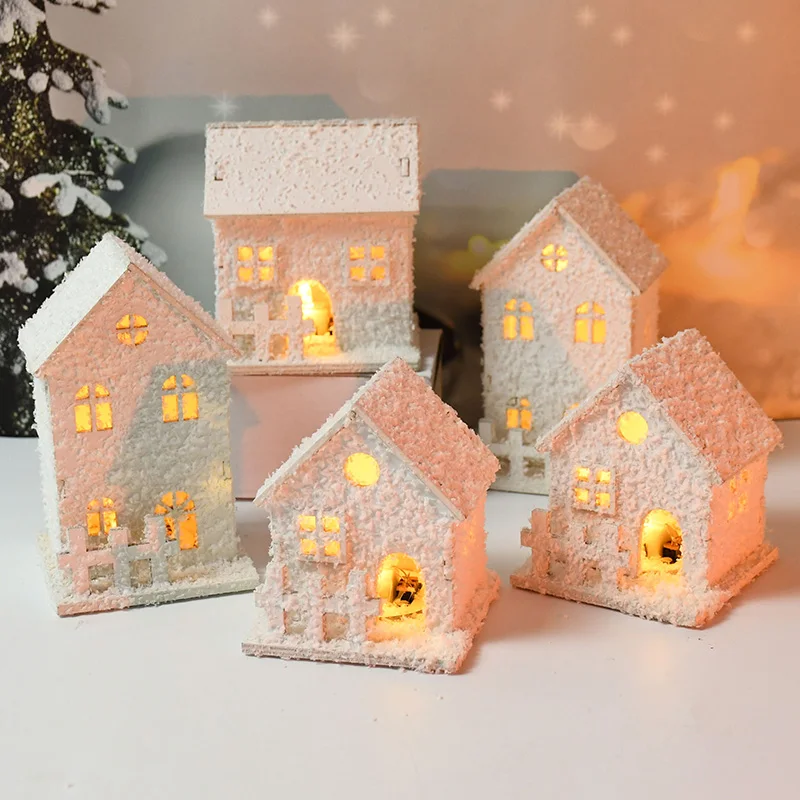 

Christmas LED Light White Wooden House Luminous Cabin Christmas Home Decorations DIY Xmas Tree Ornament New Year Kids Favor Gift