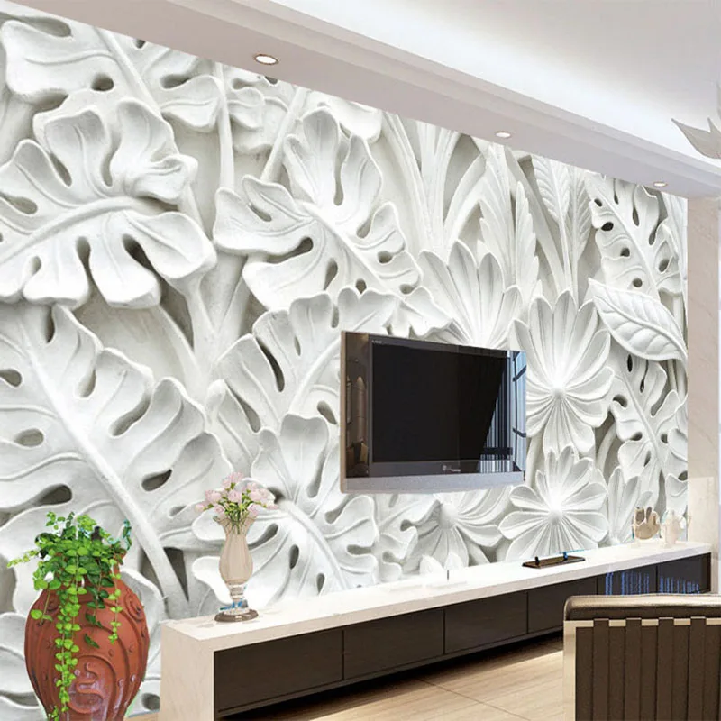 Customized product Modern Simple Abstract Art Wallpaper 3D Relief White Leaves Pattern Gypsum Mural Living Room TV Backdrop Wall