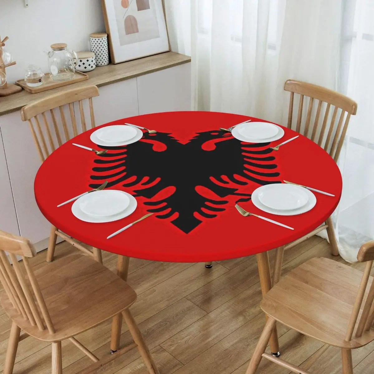 Albania Flag Black Eagle On Red Waterproof Round Tablecloth Oilproof Table Cloth for Kitchen Events Dining Table Cover