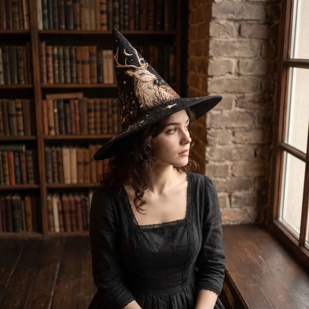 Wide Brim Halloween Witch Hat Cosplay Vintage Pointed Wizard Hat Flower Quilting Process Party Hat Festival