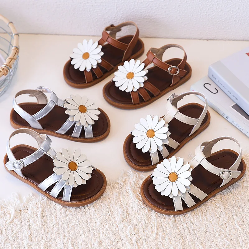 

2026 New Girls' Daisy Flower Sandals, Split Cowhide Upper, Non-slip Rubber Sole Fashion Princess Kids Summer Beach Shoes