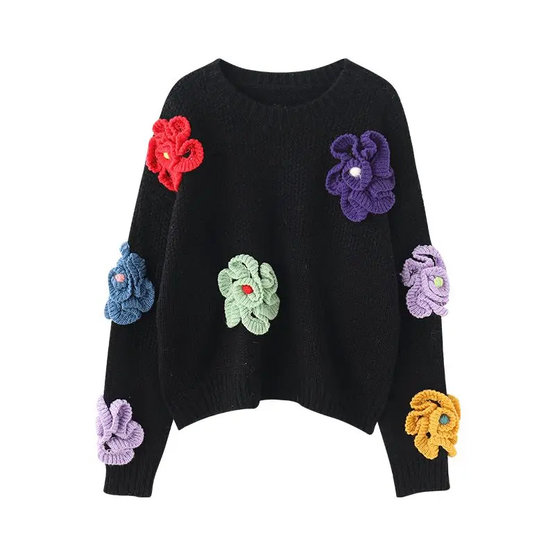 Vintage 3D Flowers Knitted Sweater Women Autumn Winter Long Sleeve Oversized Pullover Female Korean Casual Loose Outerwear U1093