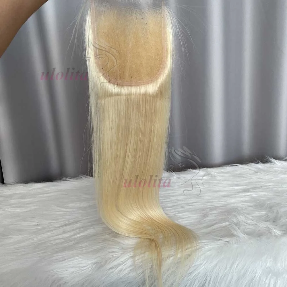 Rubia # Cierre de Encaje Transparente Invisible 4x4 613, Cabello Humano Liso con Nudos Decolorados, Cierre de Cabello Humano Virgen 100% Natural