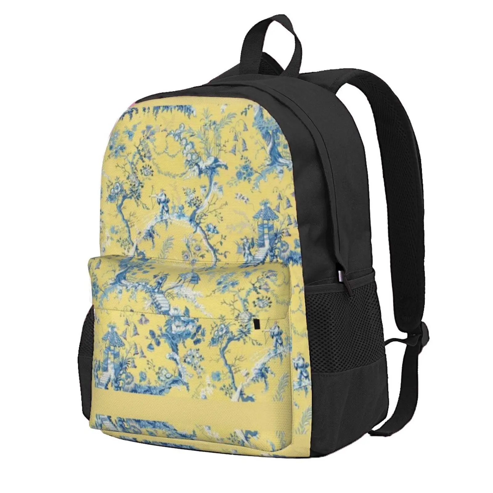 Blue And Yellow Toile Hot Sale Schoolbag Backpack Fashion Bags Chinoiserie Scenic Vintage Antique Yellow Pattern Village Trees