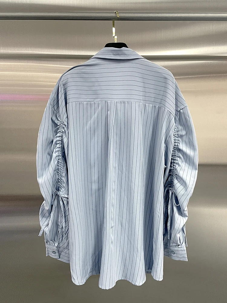 VGH Autumn Irregular Striped Womem\'s Shirt Laple Long Sleeve Patchwork Drawstring Loose Blouses Female Korean Style Fashion New