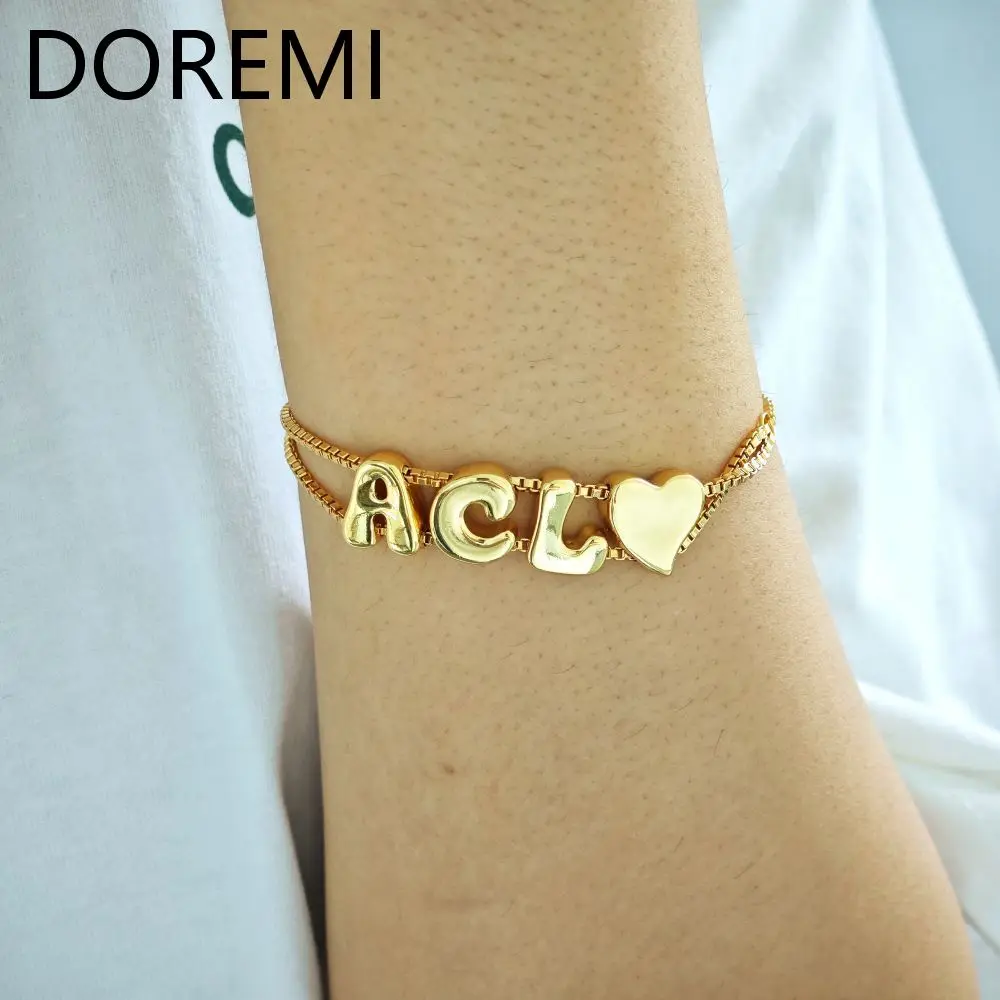 DOREMI Plain Letters Bubble Fat Initial Letter Name Bracelet Slide Beads Women Gold Bubble Custom Letter Bracelet Gift