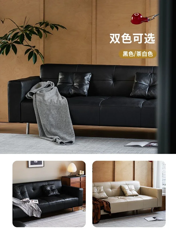 Medieval style, black first layer cowhide, straight row small apartment sofa