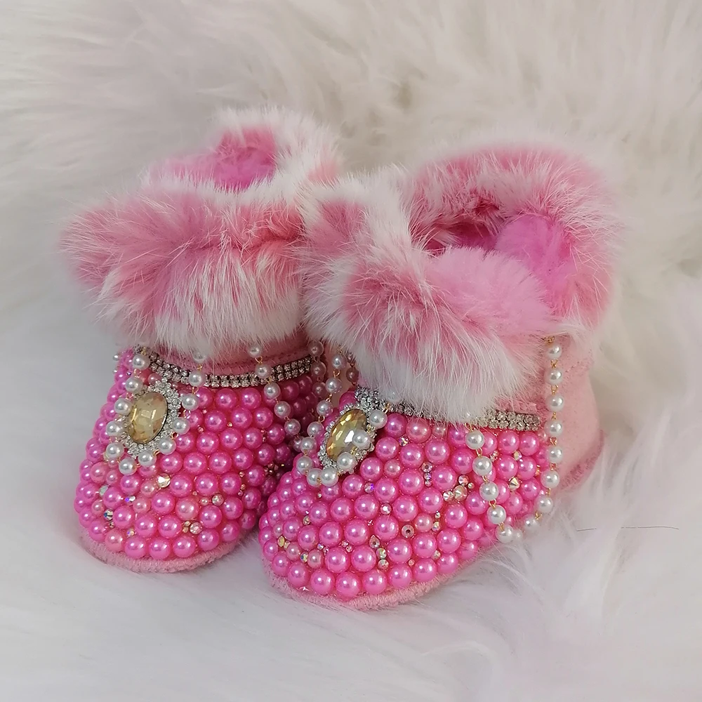 Crystals Pearls Baby Birls Snow Boots Sunglasses Rhinestones Bling Infant Shoes Luxury Shining Decoration Winter Christmas Gift