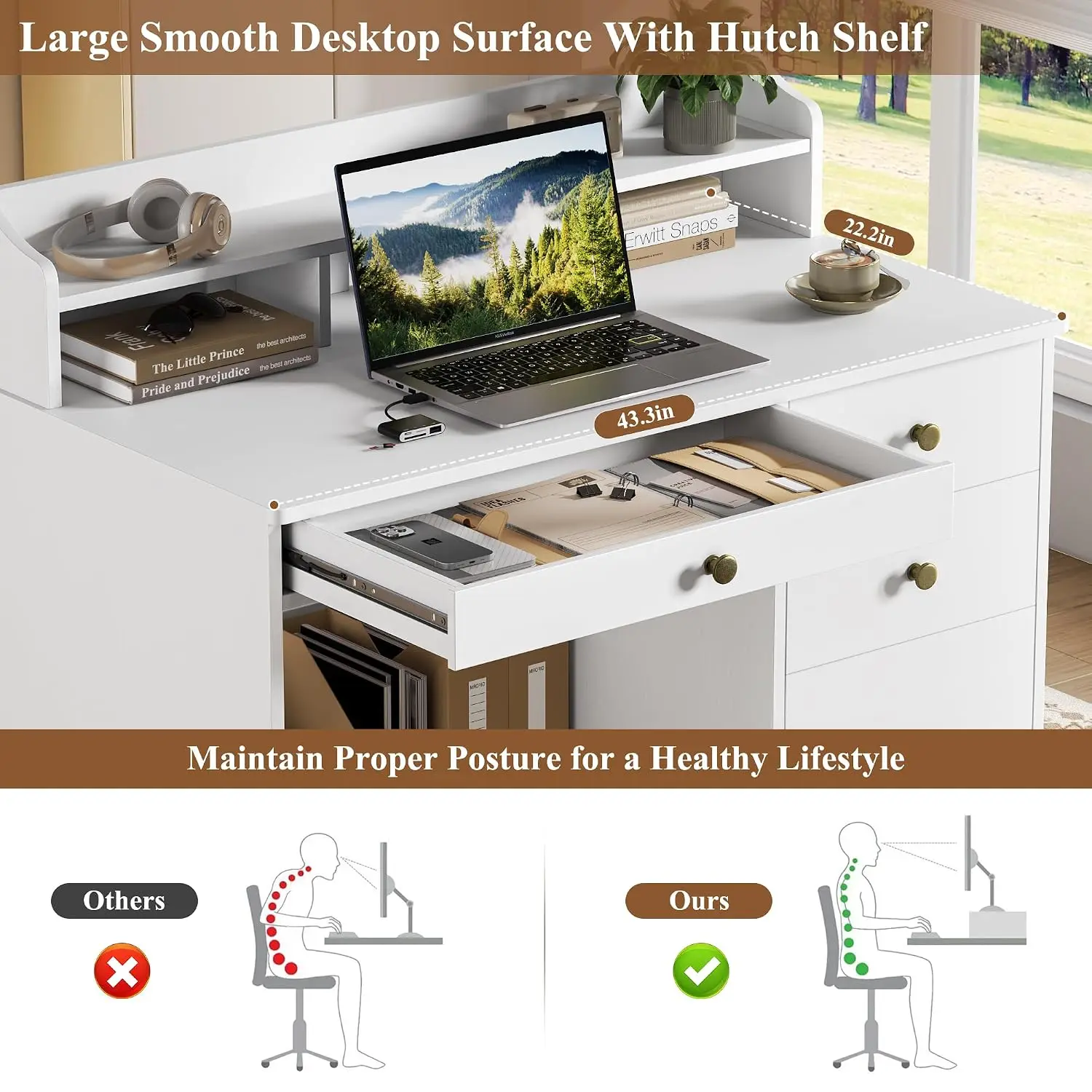 Wood Desk with Drawers & Hutch, 43" Wide Writing Table with File Drawer for Home Office, Customized