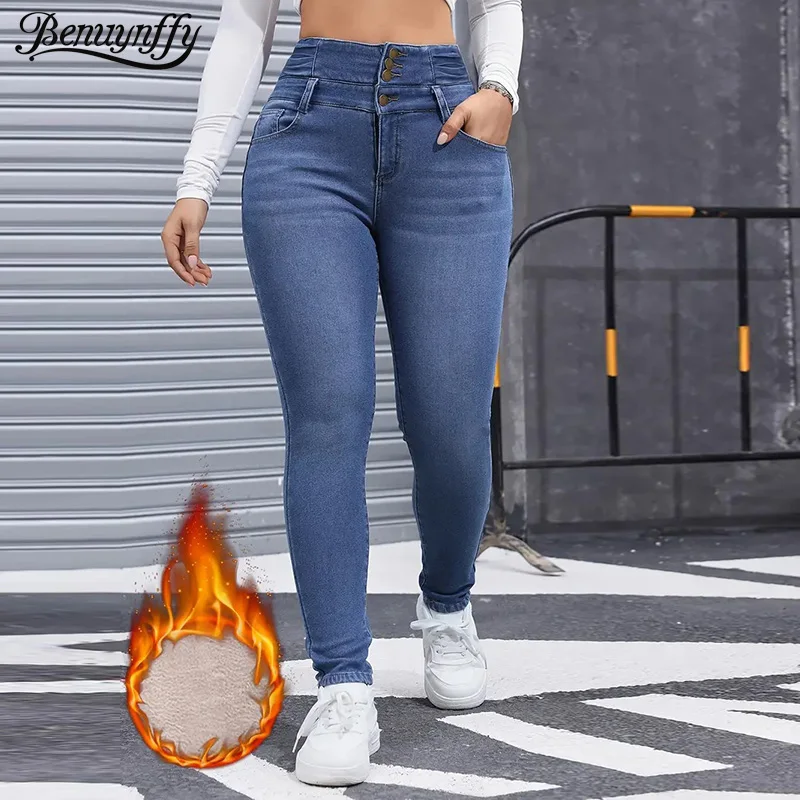 

Benuynffy, осенне-зимние плюшевые теплые джинсы, женские утепленные флисовые эластичные брюки-карандаш с высокой талией на пуговицах, облегающие потертые джинсовые брюки