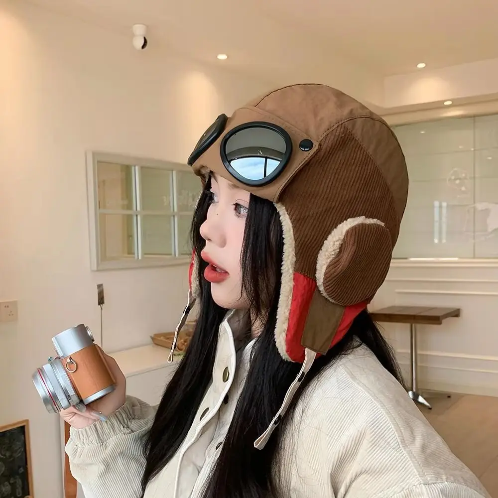 Windproof Winter Pilot Hat With Goggles Anti Fog Beanie Cycling Lei Feng Hat Ear Protection Velvet Plush Hat Outdoor