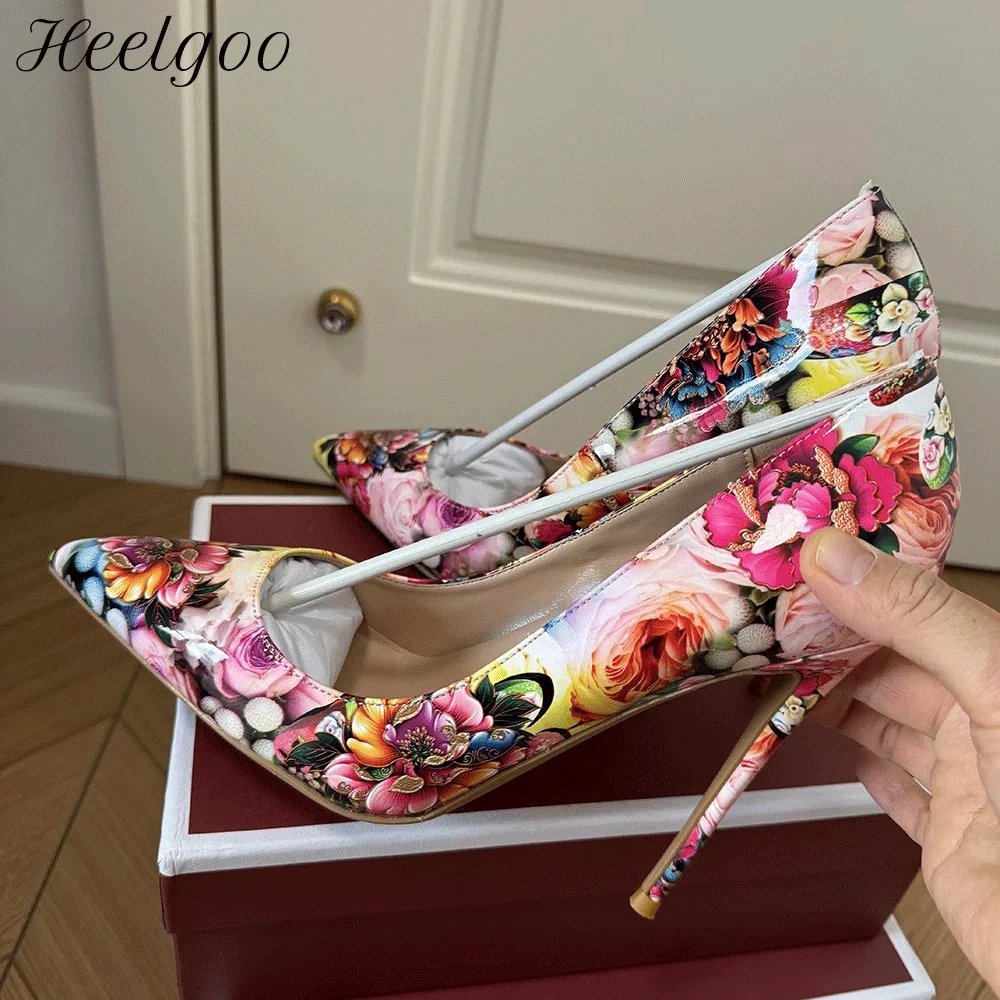 

New Women's Floral Print Pointed Toe Stiletto Heels Slim 12cm High Heel hallow Mouth Comfortable Pumps Party Wedding Dress Shoes