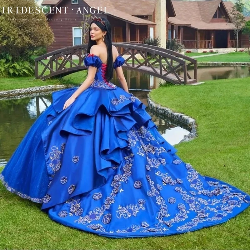 Iridescente lucido blu reale Appliques a strati Lace Up abiti Quinceanera Satin Princess Brithday Dance Party Vestido De 15 aecos