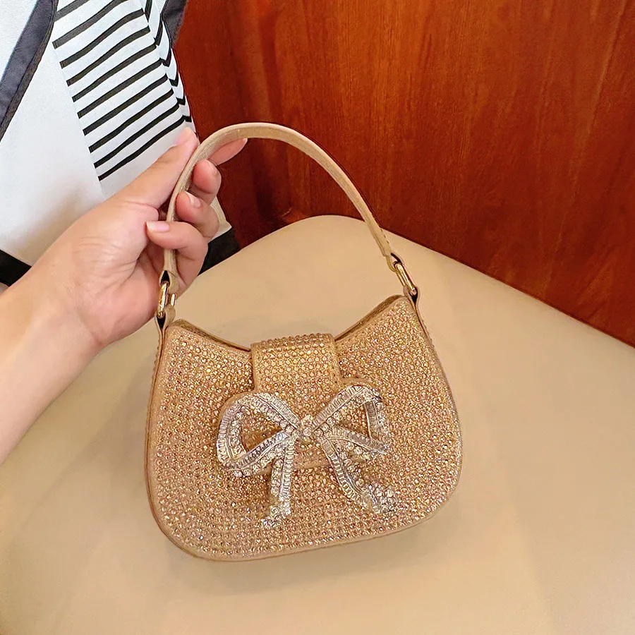 Celebrity Temperament Diamond-Encrusted Bow Sweet Dinner Bag Light Luxury High-End Hand Bag