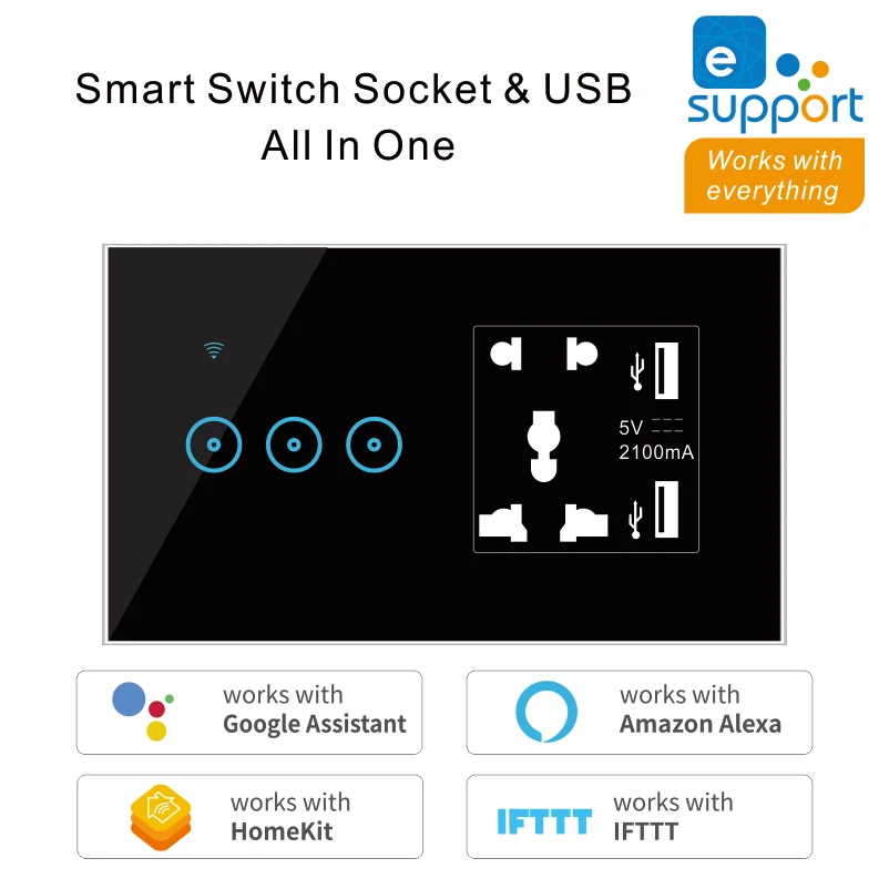 EWeLink WiFi Smart Wall Touch Switch 5 Holes With USB Universal Socket 1 2 3 Gang Support Alexa Google Home IFTTT Voice Contro